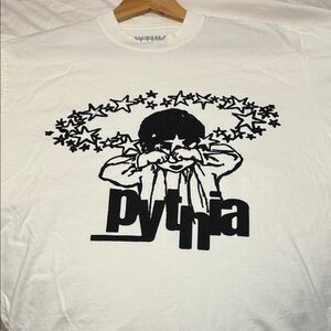 New Pythia White Short-Sleeve Tee with Black Star Child Graphic